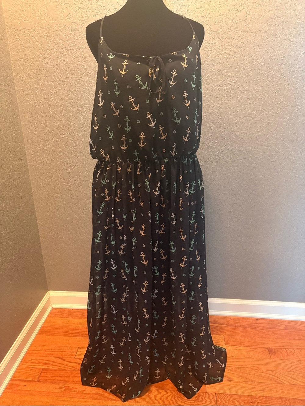 Maison Jules Black Maxi Dress with Aqua and Tan Anchor Print